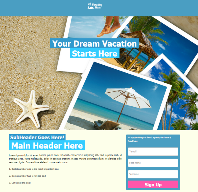 spa and vacation landing page